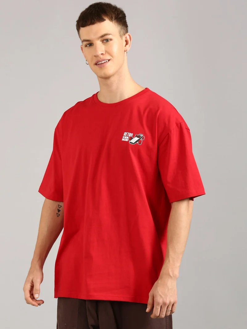 Joven Men Red Printed Pure Cotton Oversized T-Shirt